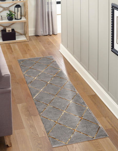 Gray and Gold 2' 7 x 12' Vogue Geo Runner Area Rug Geometric Glam Style Shiny Accents Carpet Mat for Unique Interior Design & Home Decor for Sale at Rug Engine