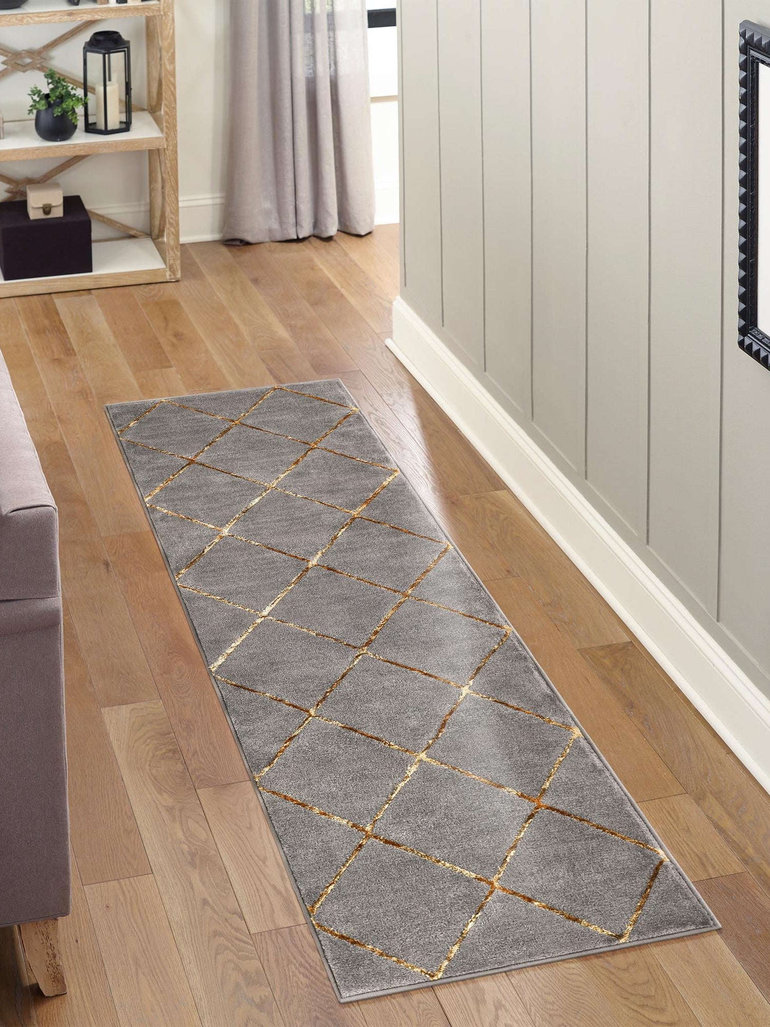 Gray and Gold 2' x 6' 1 Vogue Geo Runner Area Rug Geometric Glam Style Shiny Accents Carpet Mat for Unique Interior Design & Home Decor for Sale at Rug Engine