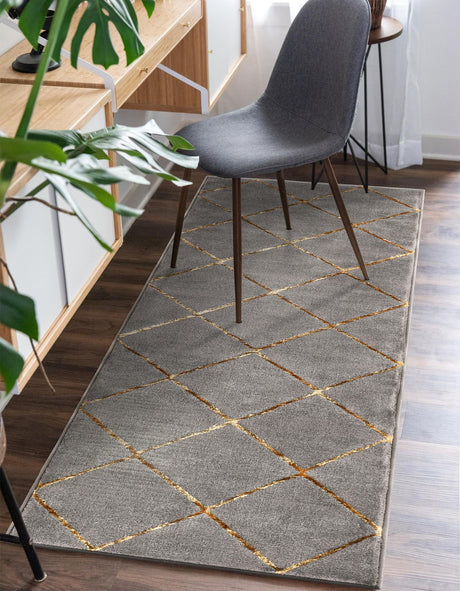 Gray and Gold 2' 7 x 12' Vogue Geo Runner Area Rug Geometric Glam Style Shiny Accents Carpet Mat for Unique Interior Design & Home Decor for Sale at Rug Engine