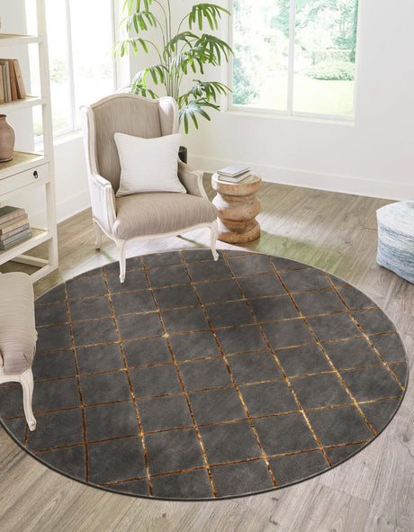 Gray and Gold 7' 10 x 7' 10 Vogue Geo Round Area Rug Geometric Glam Style Shiny Accents Carpet Mat for Unique Interior Design & Home Decor for Sale at Rug Engine