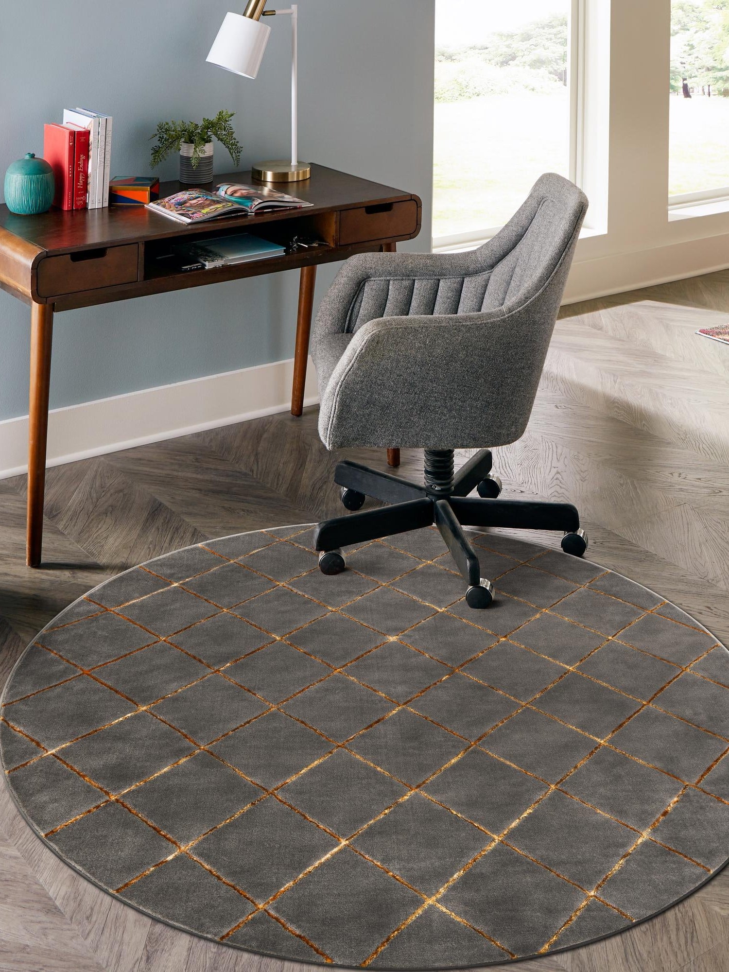 Gray and Gold 7' 10 x 7' 10 Vogue Geo Round Area Rug Geometric Glam Style Shiny Accents Carpet Mat for Unique Interior Design & Home Decor for Sale at Rug Engine