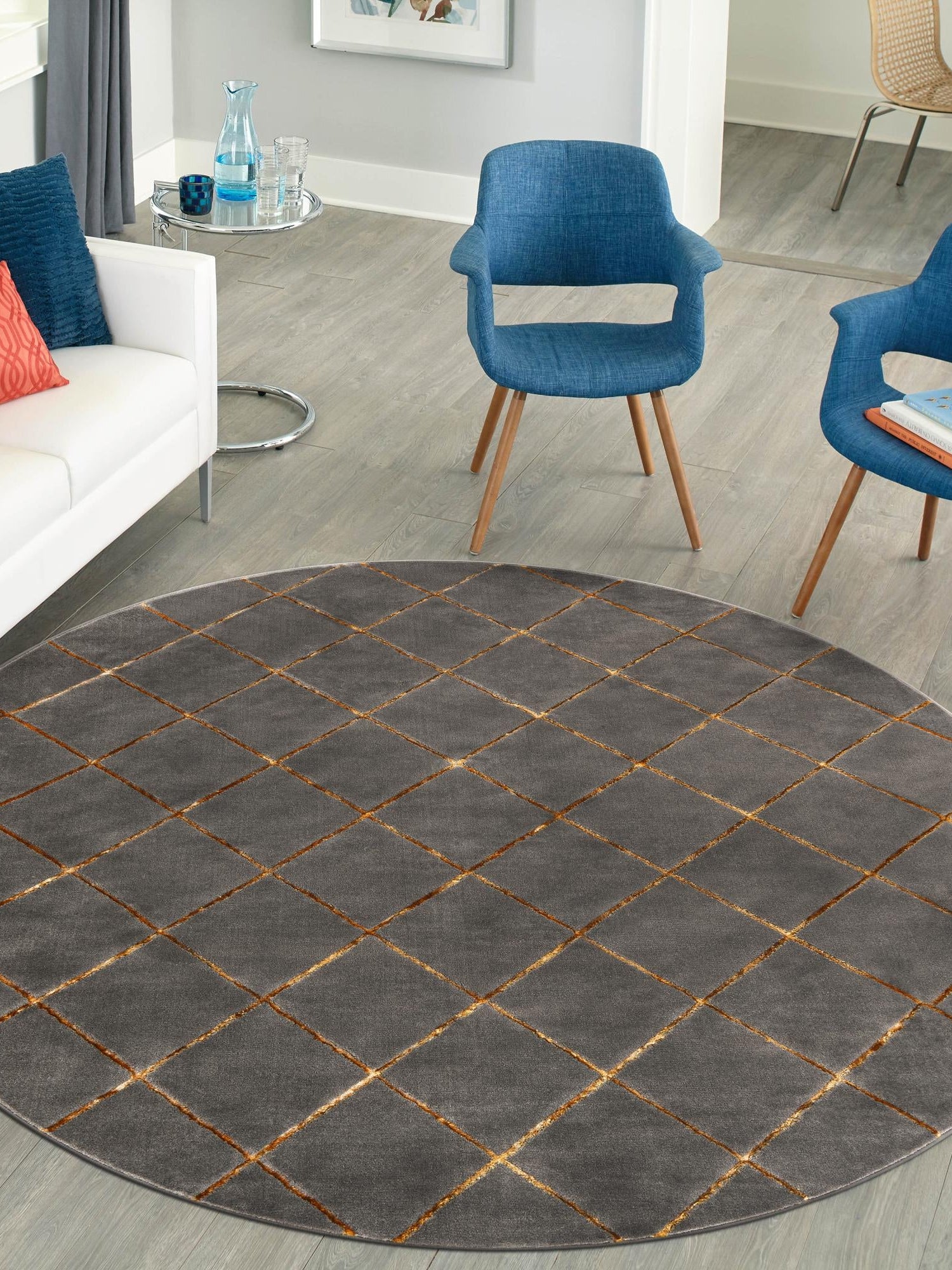 Gray and Gold 7' 10 x 7' 10 Vogue Geo Round Area Rug Geometric Glam Style Shiny Accents Carpet Mat for Unique Interior Design & Home Decor for Sale at Rug Engine