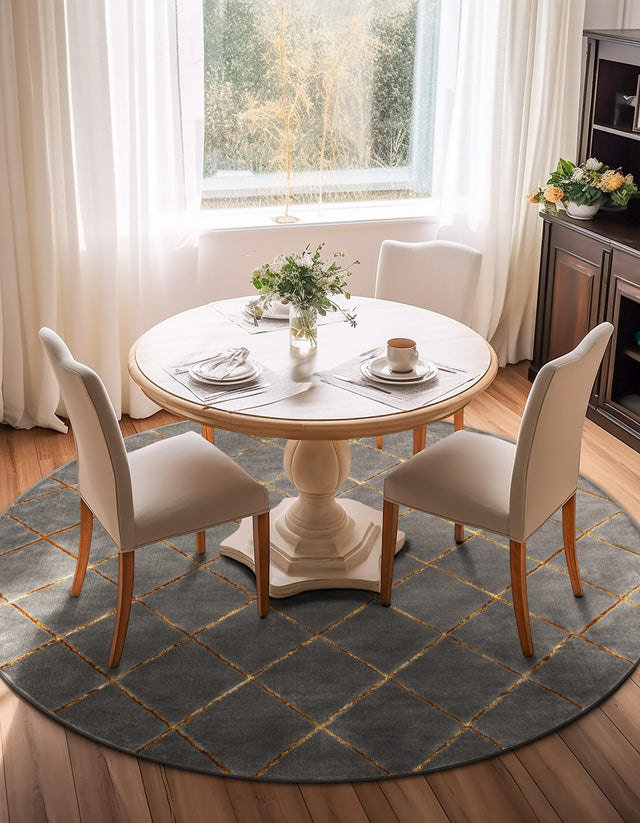 Gray and Gold 10' x 10' Vogue Geo Round Area Rug Geometric Glam Style Shiny Accents Carpet Mat for Unique Interior Design & Home Decor for Sale at Rug Engine