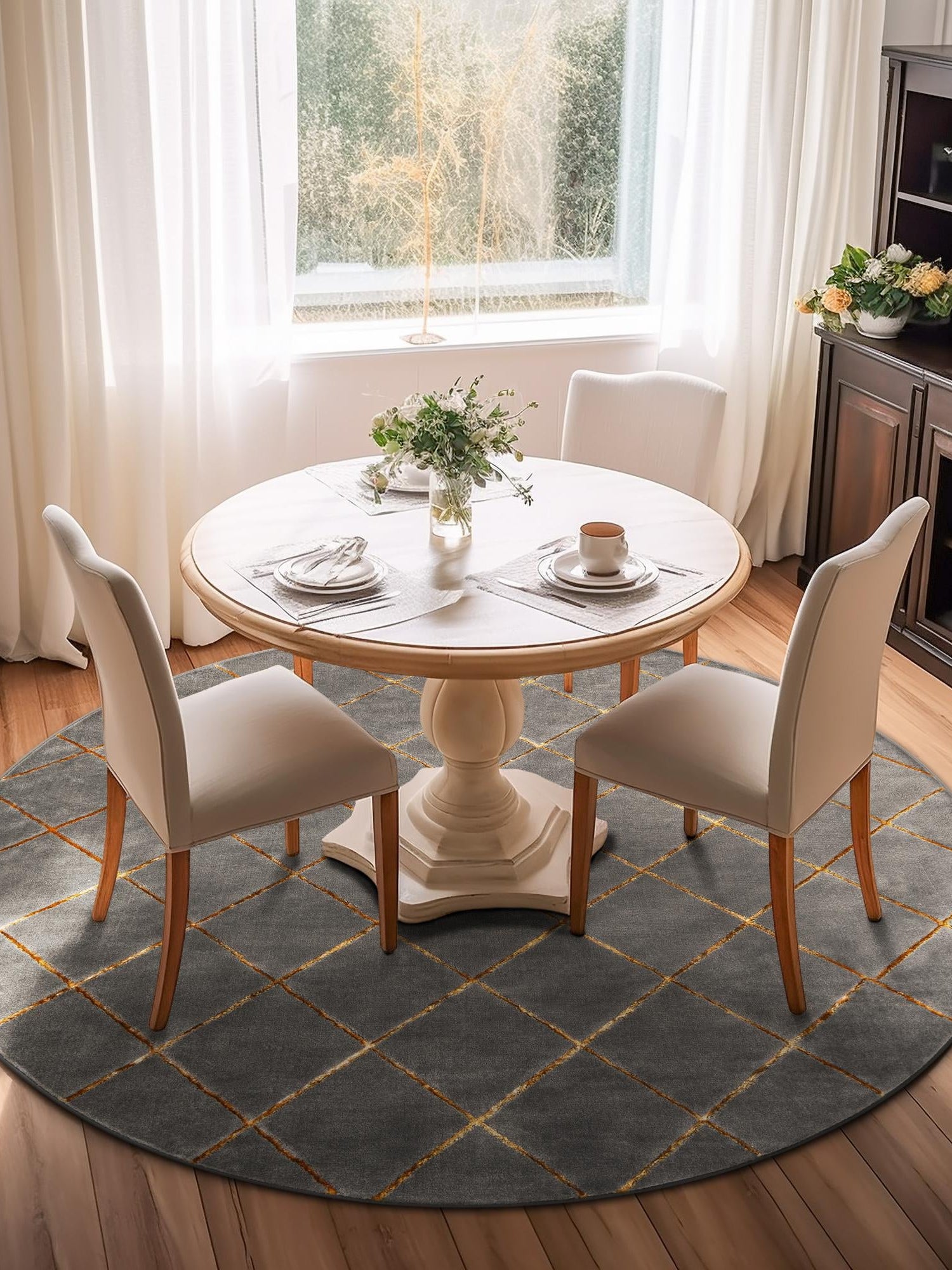 Gray and Gold 7' 10 x 7' 10 Vogue Geo Round Area Rug Geometric Glam Style Shiny Accents Carpet Mat for Unique Interior Design & Home Decor for Sale at Rug Engine