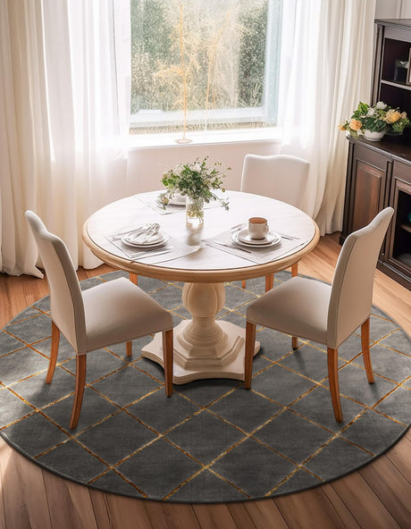 Gray and Gold 7' 10 x 7' 10 Vogue Geo Round Area Rug Geometric Glam Style Shiny Accents Carpet Mat for Unique Interior Design & Home Decor for Sale at Rug Engine