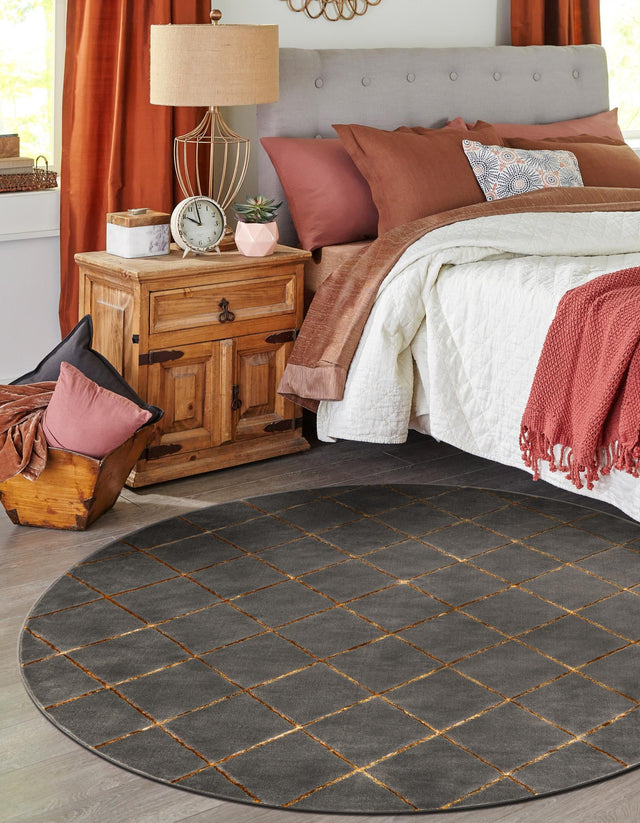 Gray and Gold 6' 1 x 6' 1 Vogue Geo Round Area Rug Geometric Glam Style Shiny Accents Carpet Mat for Unique Interior Design & Home Decor for Sale at Rug Engine