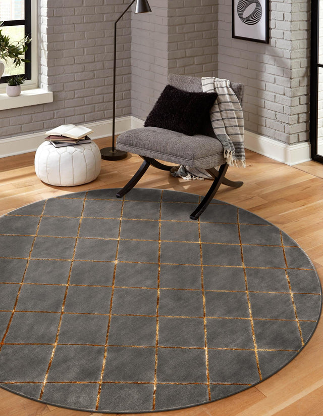 Gray and Gold 6' 1 x 6' 1 Vogue Geo Round Area Rug Geometric Glam Style Shiny Accents Carpet Mat for Unique Interior Design & Home Decor for Sale at Rug Engine