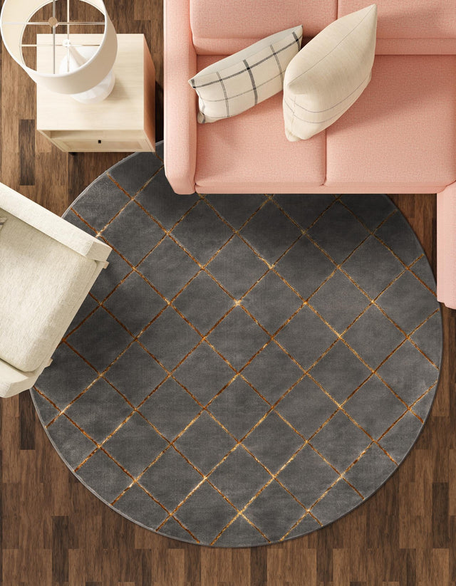 Gray and Gold 6' 1 x 6' 1 Vogue Geo Round Area Rug Geometric Glam Style Shiny Accents Carpet Mat for Unique Interior Design & Home Decor for Sale at Rug Engine