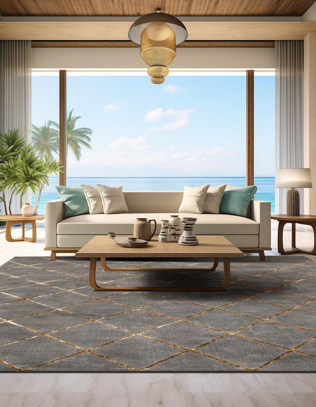 Gray and Gold 10' x 10' Vogue Geo Square Area Rug Geometric Glam Style Shiny Accents Carpet Mat for Unique Interior Design & Home Decor for Sale at Rug Engine