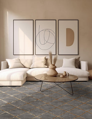Gray and Gold 10' x 10' Vogue Geo Square Area Rug Geometric Glam Style Shiny Accents Carpet Mat for Unique Interior Design & Home Decor for Sale at Rug Engine