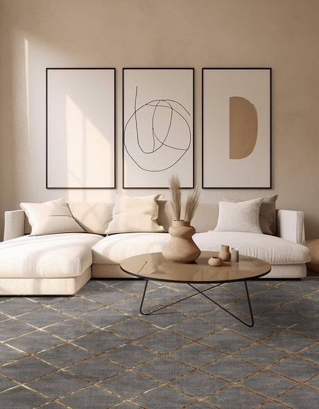 Gray and Gold 10' x 10' Vogue Geo Square Area Rug Geometric Glam Style Shiny Accents Carpet Mat for Unique Interior Design & Home Decor for Sale at Rug Engine