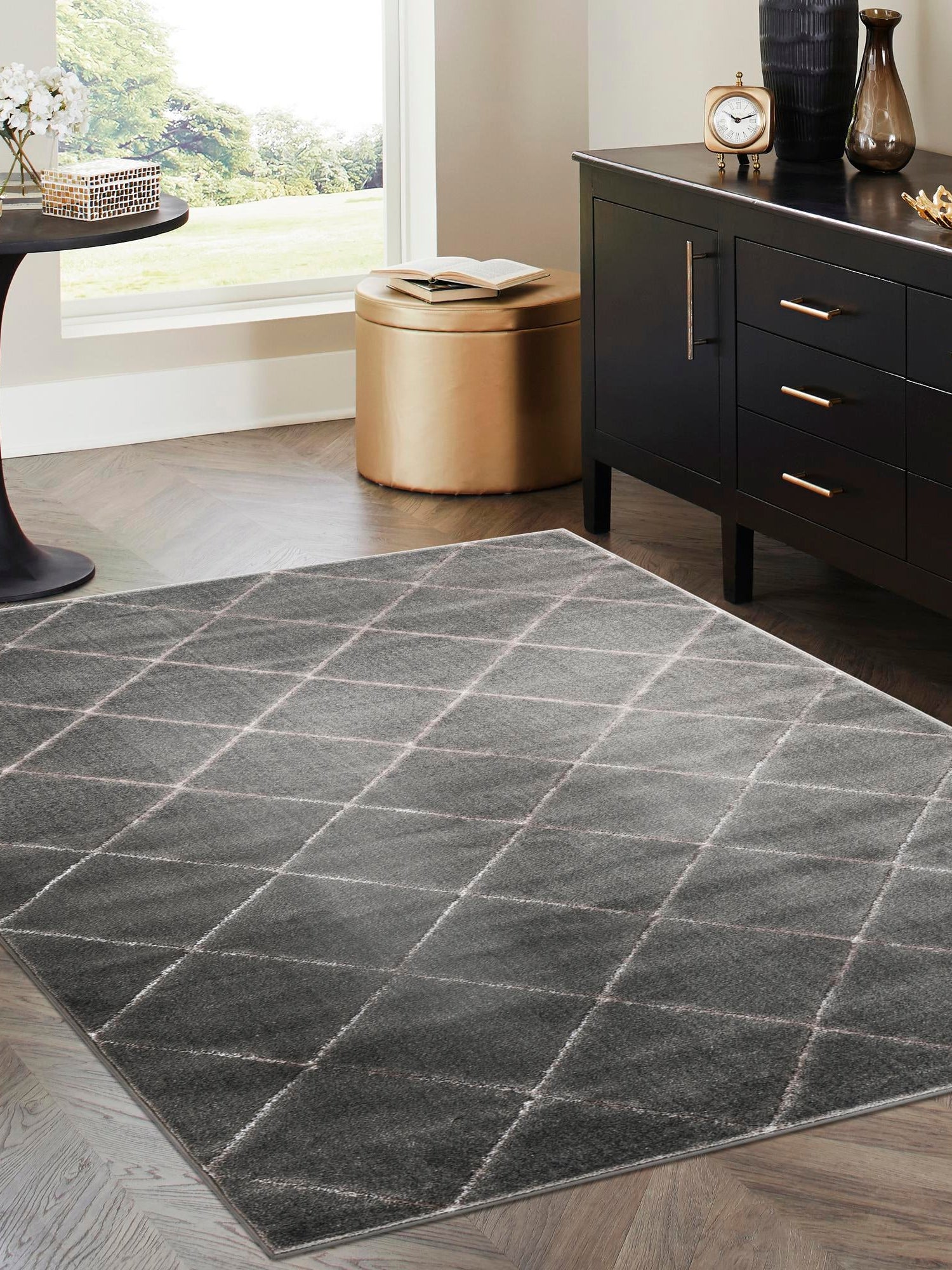 Gray and Silver 5' 3 x 8' Vogue Geo Rectangle Area Rug Geometric Glam Style Shiny Accents Carpet Mat for Unique Interior Design & Home Decor for Sale at Rug Engine