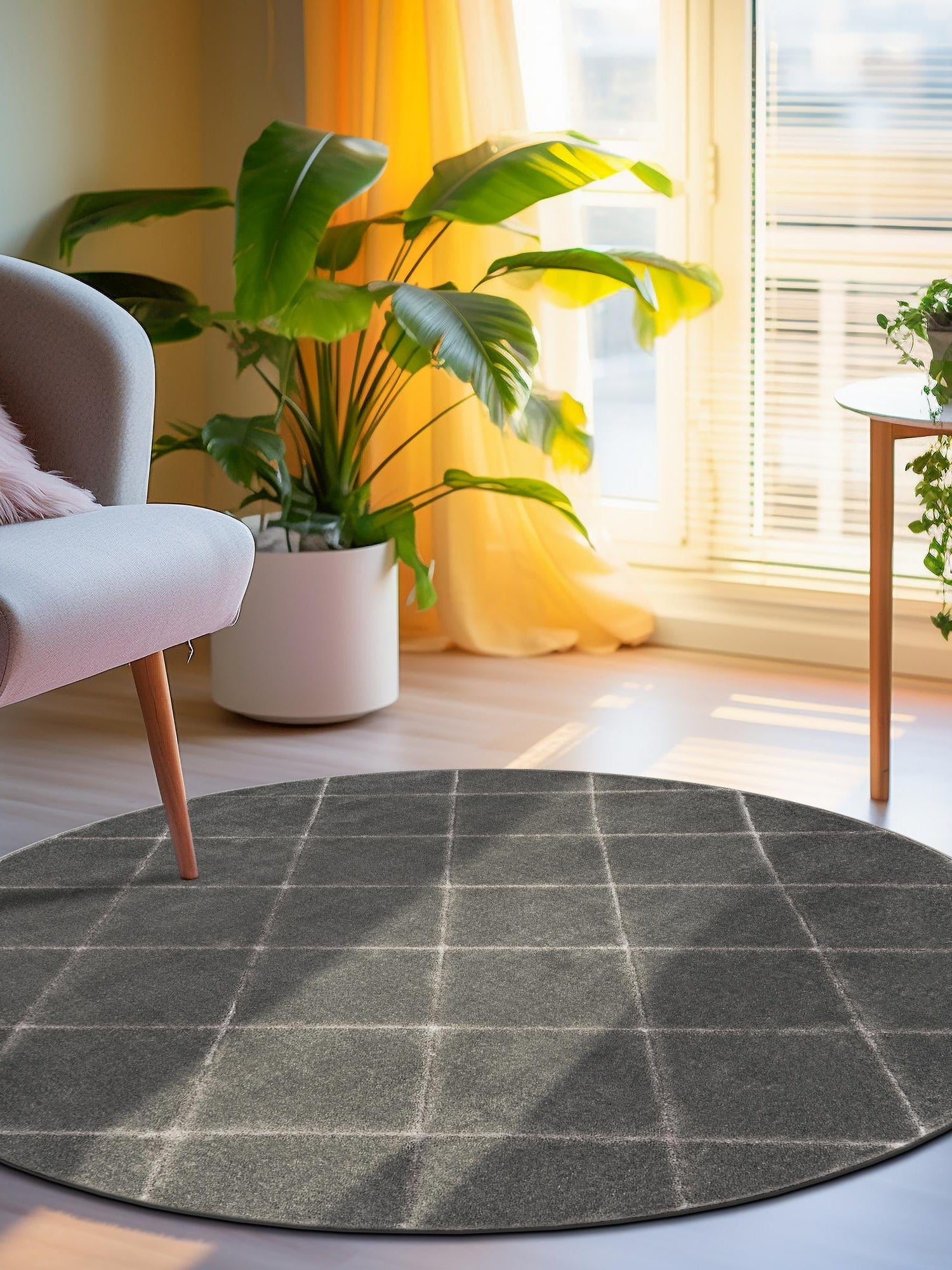 Gray and Silver 6' 1 x 6' 1 Vogue Geo Round Area Rug Geometric Glam Style Shiny Accents Carpet Mat for Unique Interior Design & Home Decor for Sale at Rug Engine
