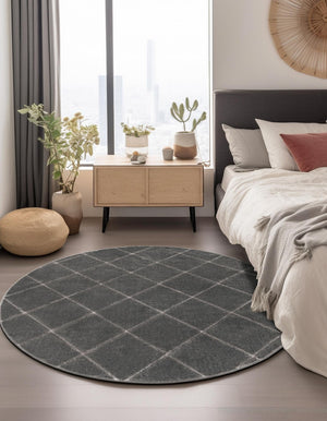Gray and Silver 7' 10 x 7' 10 Vogue Geo Round Area Rug Geometric Glam Style Shiny Accents Carpet Mat for Unique Interior Design & Home Decor for Sale at Rug Engine