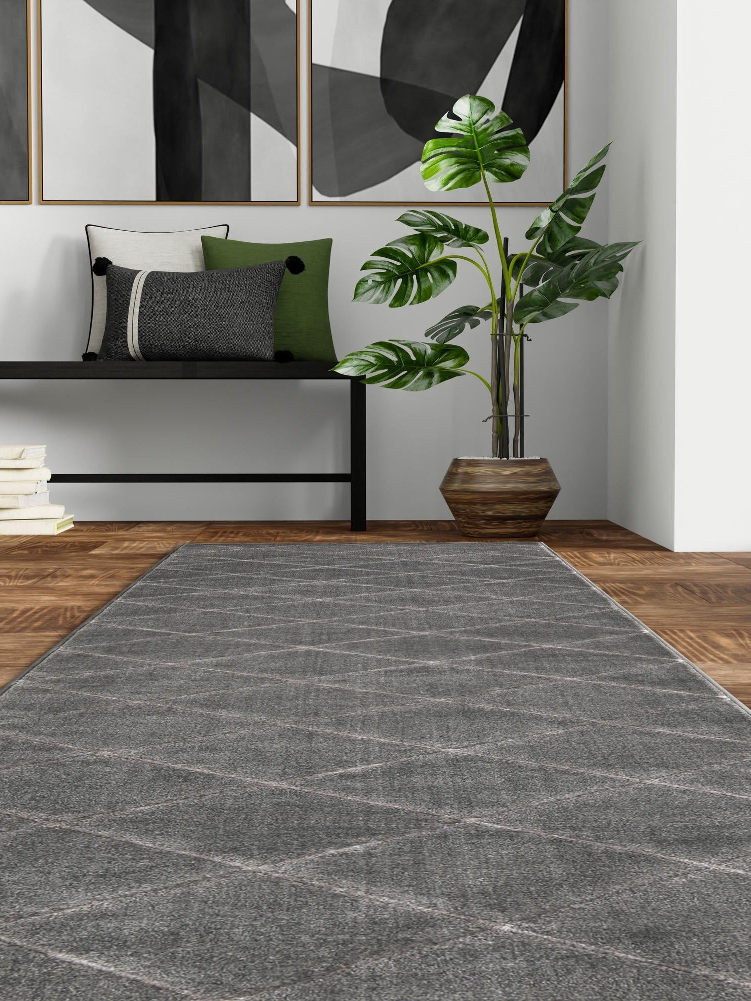 Gray and Silver 2' x 8' Vogue Geo Runner Area Rug Geometric Glam Style Shiny Accents Carpet Mat for Unique Interior Design & Home Decor for Sale at Rug Engine