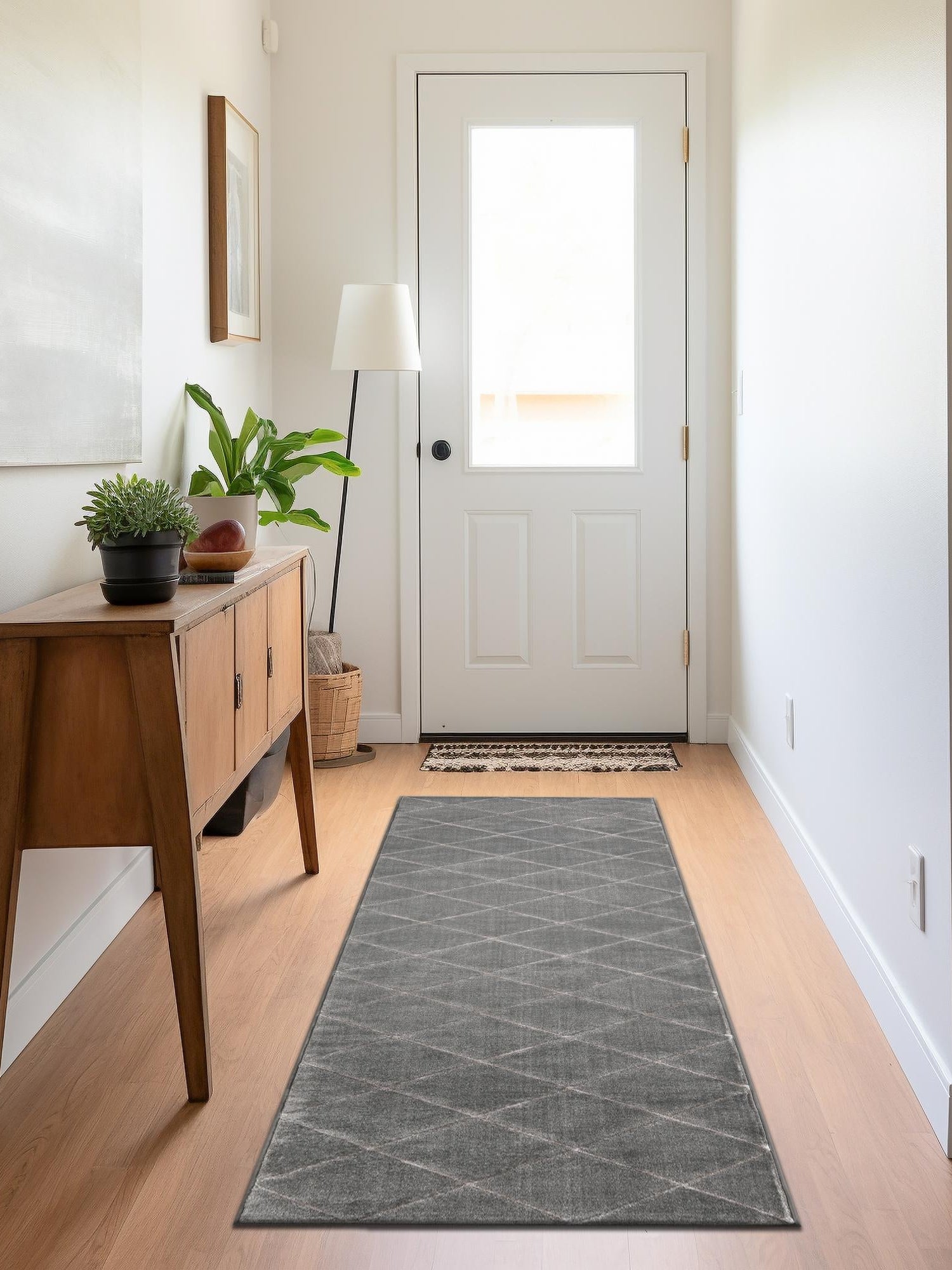 Gray and Silver 2' x 8' Vogue Geo Runner Area Rug Geometric Glam Style Shiny Accents Carpet Mat for Unique Interior Design & Home Decor for Sale at Rug Engine