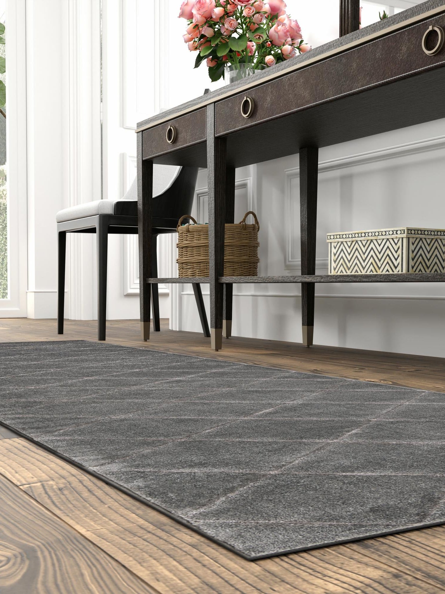 Gray and Silver 2' x 8' Vogue Geo Runner Area Rug Geometric Glam Style Shiny Accents Carpet Mat for Unique Interior Design & Home Decor for Sale at Rug Engine
