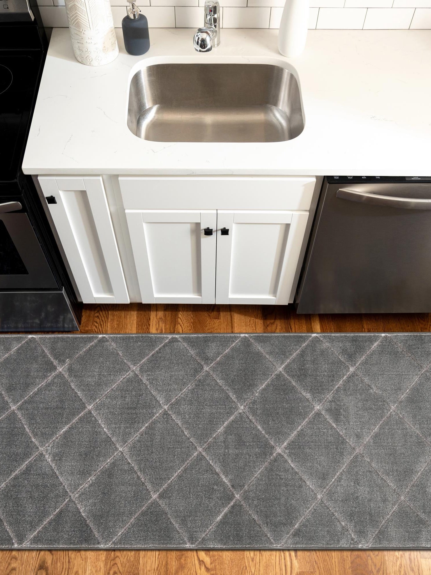 Gray and Silver 2' x 8' Vogue Geo Runner Area Rug Geometric Glam Style Shiny Accents Carpet Mat for Unique Interior Design & Home Decor for Sale at Rug Engine