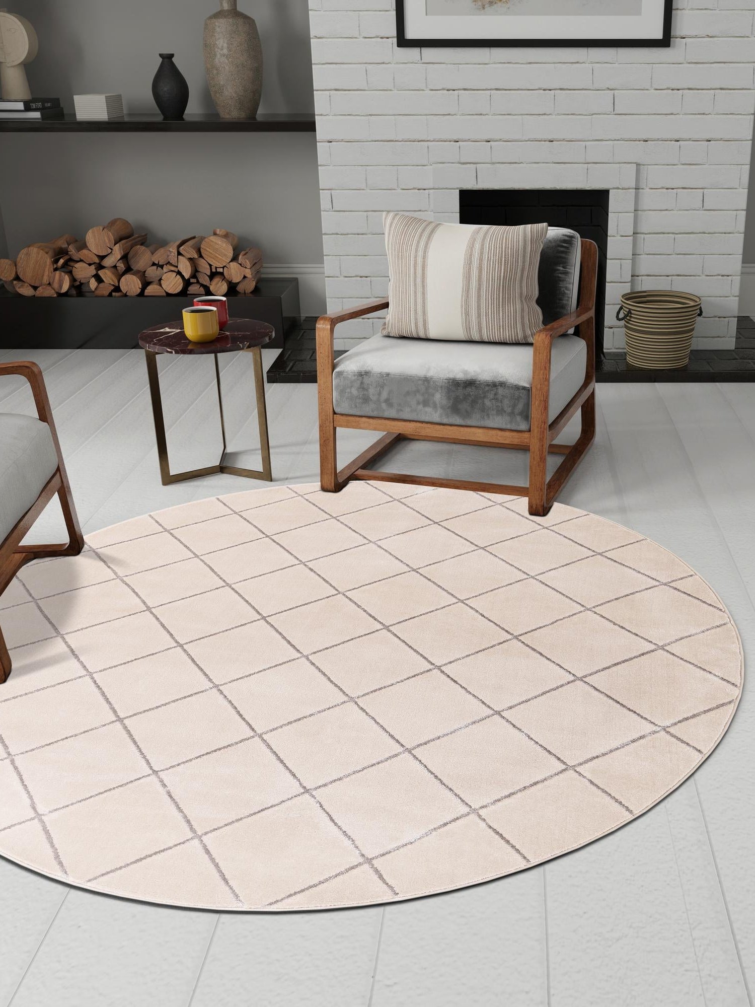 White and Silver 6' 1 x 6' 1 Vogue Geo Round Area Rug Geometric Glam Style Shiny Accents Carpet Mat for Unique Interior Design & Home Decor for Sale at Rug Engine