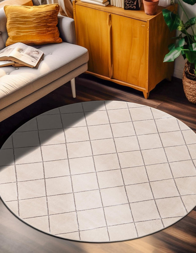 White and Silver 3' 1 x 3' 1 Vogue Geo Round Area Rug Geometric Glam Style Shiny Accents Carpet Mat for Unique Interior Design & Home Decor for Sale at Rug Engine