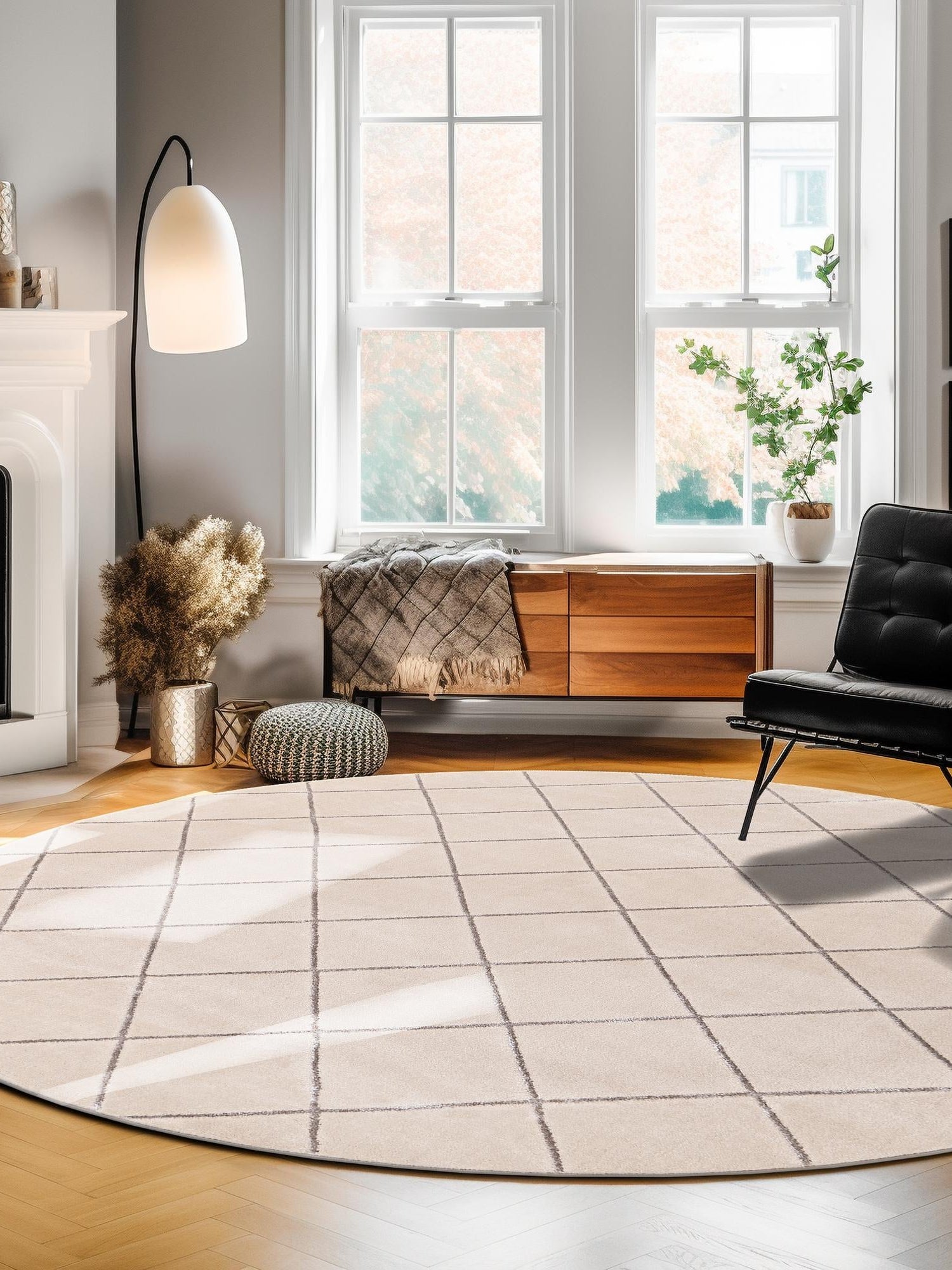 White and Silver 7' 10 x 7' 10 Vogue Geo Round Area Rug Geometric Glam Style Shiny Accents Carpet Mat for Unique Interior Design & Home Decor for Sale at Rug Engine