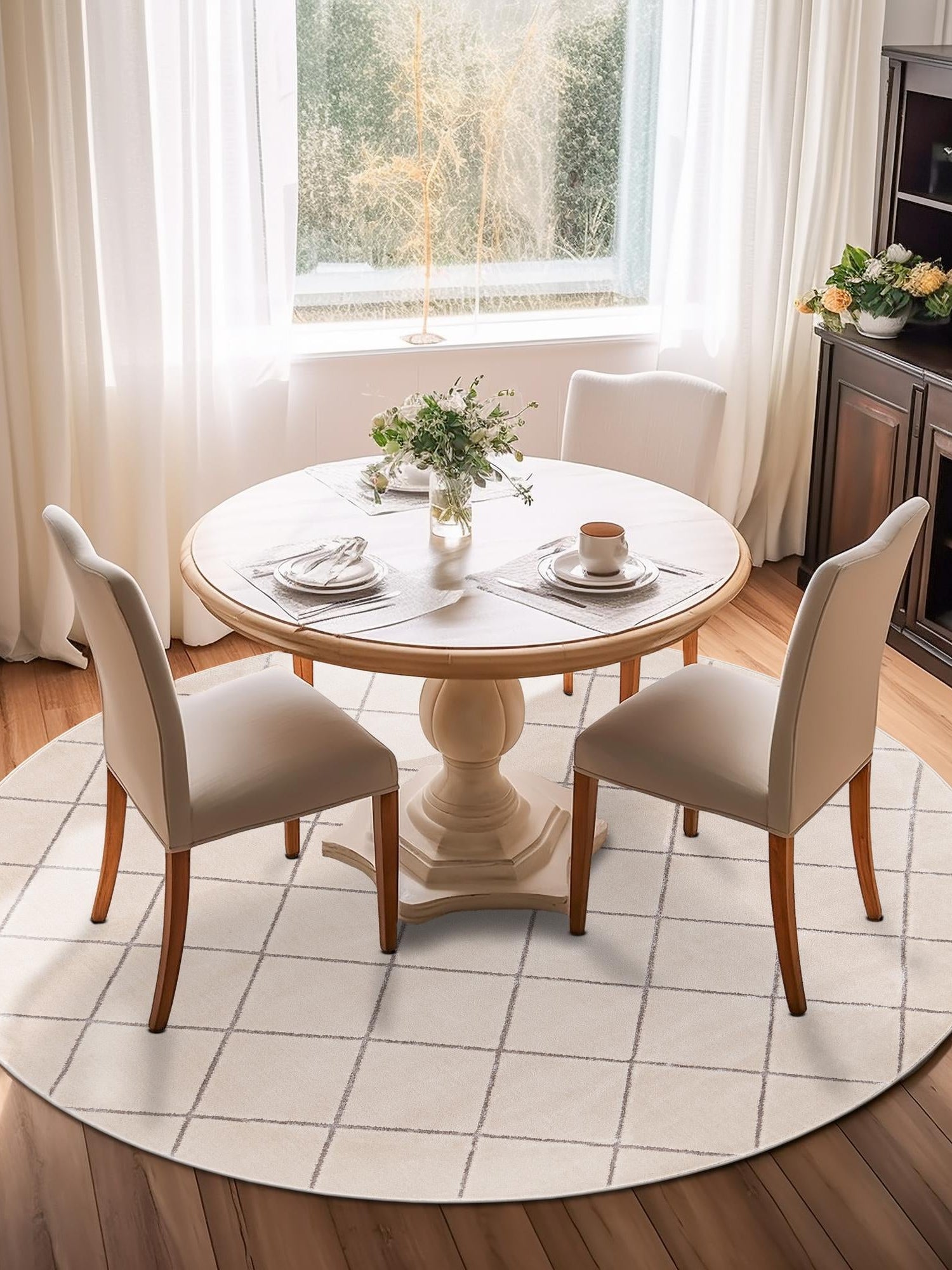 White and Silver 10' x 10' Vogue Geo Round Area Rug Geometric Glam Style Shiny Accents Carpet Mat for Unique Interior Design & Home Decor for Sale at Rug Engine