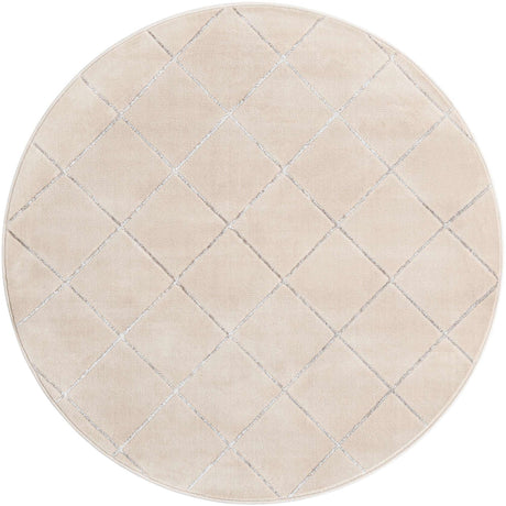 White and Silver 6' 1 x 6' 1 Vogue Geo Round Area Rug Geometric Glam Style Shiny Accents Carpet Mat for Unique Interior Design & Home Decor for Sale at Rug Engine