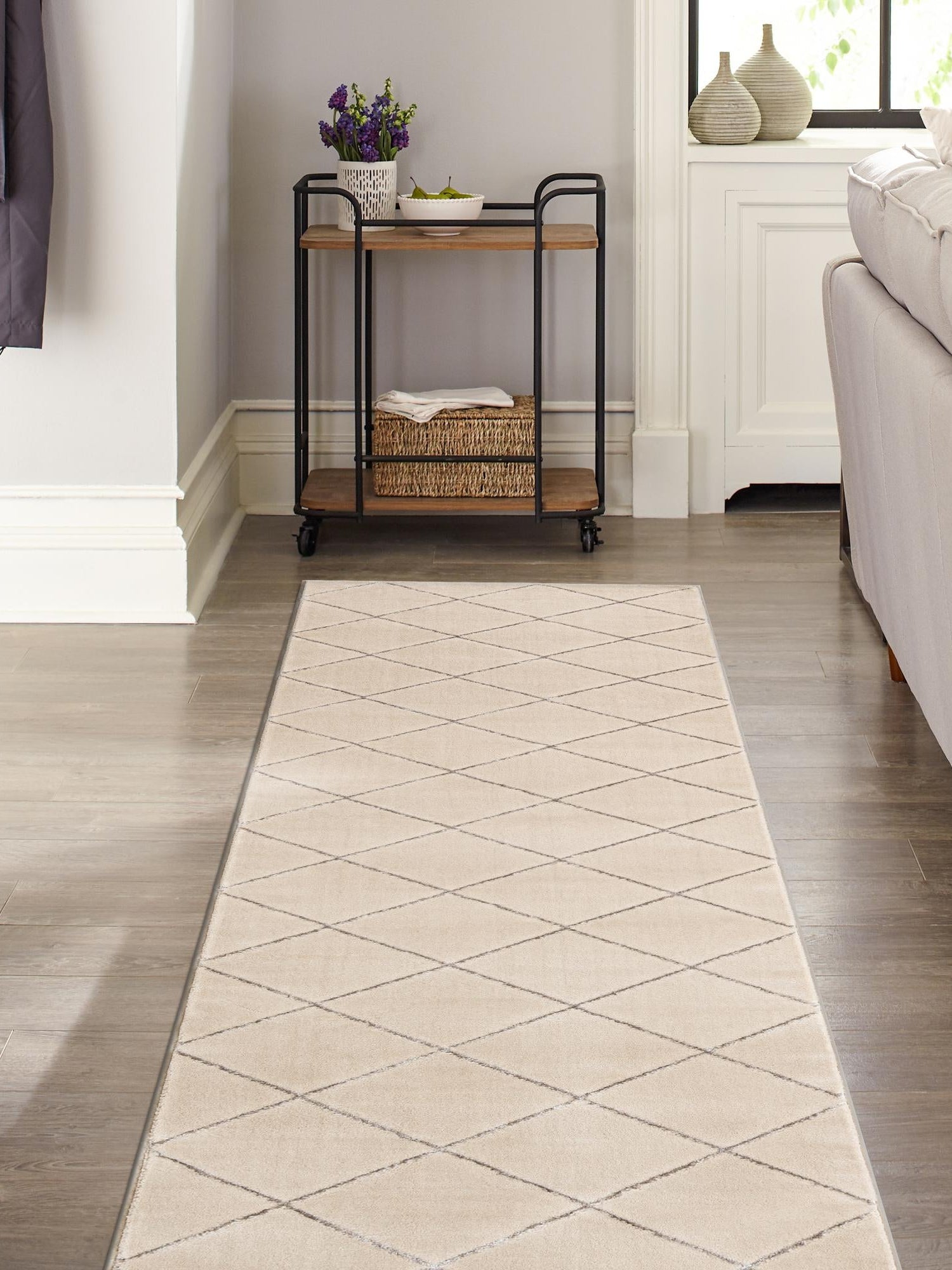 White and Silver 2' x 5' 1 Vogue Geo Runner Area Rug Geometric Glam Style Shiny Accents Carpet Mat for Unique Interior Design & Home Decor for Sale at Rug Engine