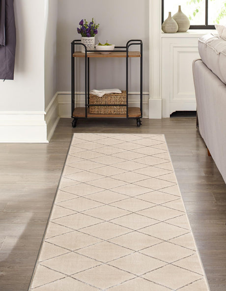 White and Silver 2' x 5' 1 Vogue Geo Runner Area Rug Geometric Glam Style Shiny Accents Carpet Mat for Unique Interior Design & Home Decor for Sale at Rug Engine
