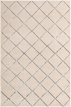 White and Silver 6' 1 x 9' Vogue Geo Rectangle Area Rug Geometric Glam Style Shiny Accents Carpet Mat for Unique Interior Design & Home Decor for Sale at Rug Engine