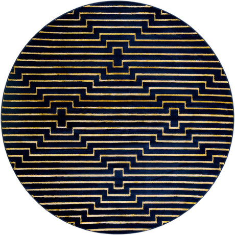Navy Blue and Gold 10' x 10' Vogue Geo Round Area Rug Geometric Glam Style Shiny Accents Carpet Mat for Unique Interior Design & Home Decor for Sale at Rug Engine