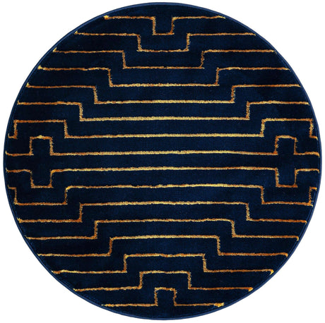 Navy Blue and Gold 3' 1 x 3' 1 Vogue Geo Round Area Rug Geometric Glam Style Shiny Accents Carpet Mat for Unique Interior Design & Home Decor for Sale at Rug Engine