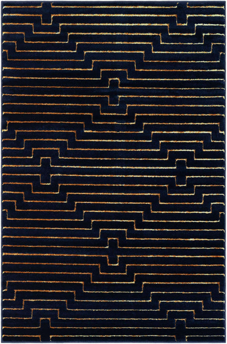 Navy Blue and Gold 4' 1 x 6' 1 Vogue Geo Rectangle Area Rug Geometric Glam Style Shiny Accents Carpet Mat for Unique Interior Design & Home Decor for Sale at Rug Engine