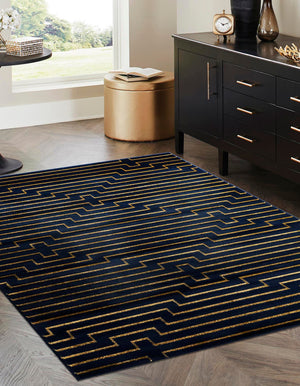 Navy Blue and Gold 2' x 3' 1 Vogue Geo Rectangle Area Rug Geometric Glam Style Shiny Accents Carpet Mat for Unique Interior Design & Home Decor for Sale at Rug Engine