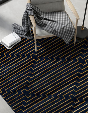 Navy Blue and Gold 5' 3 x 7' 1 Vogue Geo Rectangle Area Rug Geometric Glam Style Shiny Accents Carpet Mat for Unique Interior Design & Home Decor for Sale at Rug Engine