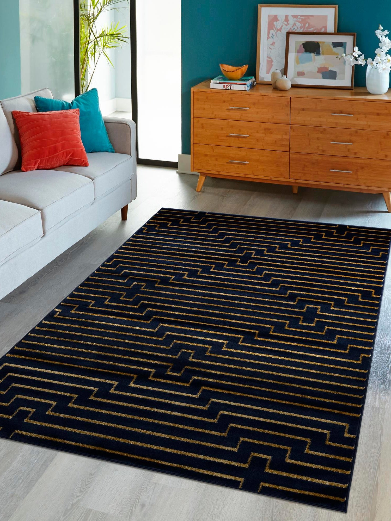 Navy Blue and Gold 2' x 3' 1 Vogue Geo Rectangle Area Rug Geometric Glam Style Shiny Accents Carpet Mat for Unique Interior Design & Home Decor for Sale at Rug Engine