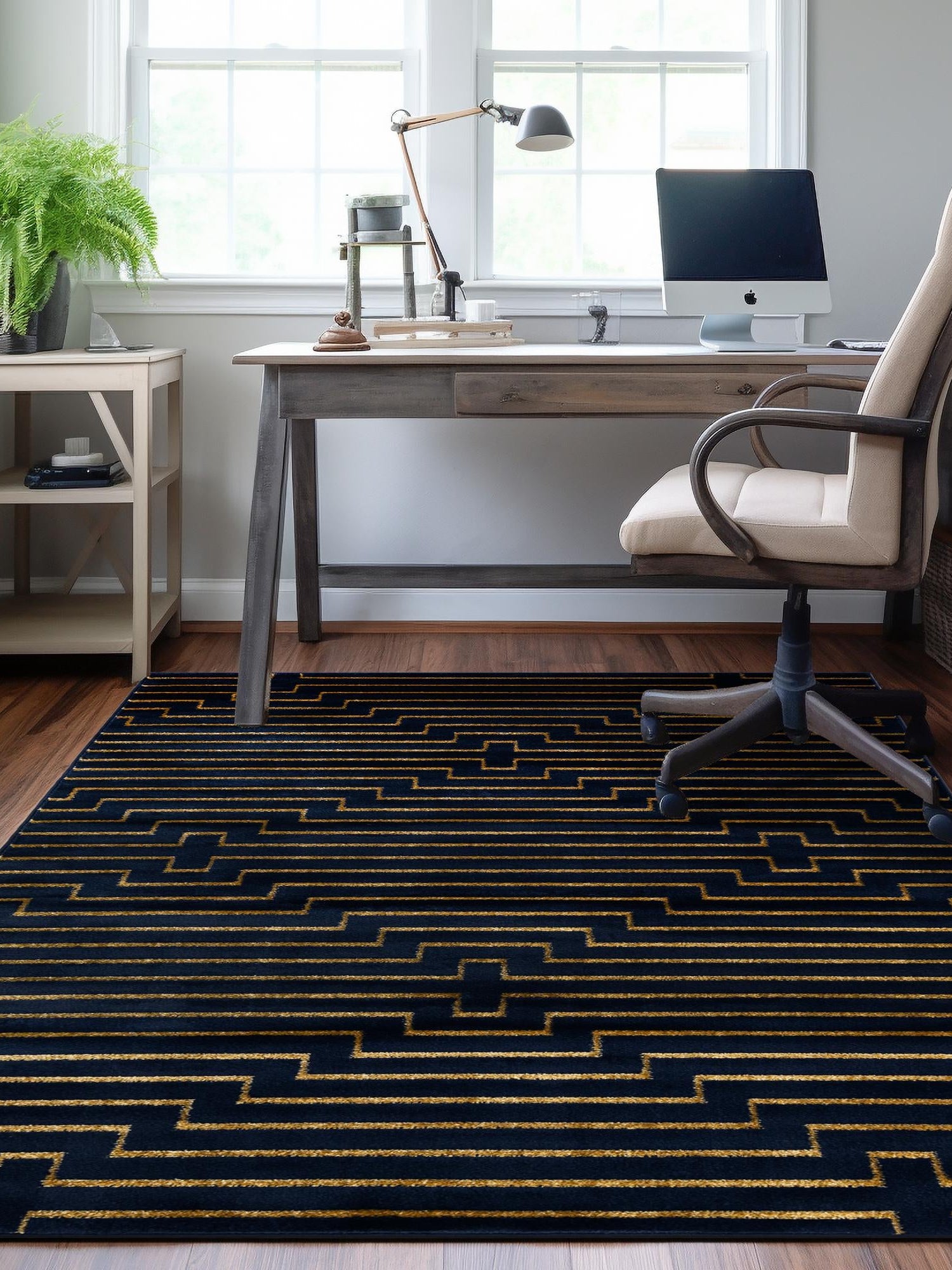 Navy Blue and Gold 4' 1 x 6' 1 Vogue Geo Rectangle Area Rug Geometric Glam Style Shiny Accents Carpet Mat for Unique Interior Design & Home Decor for Sale at Rug Engine