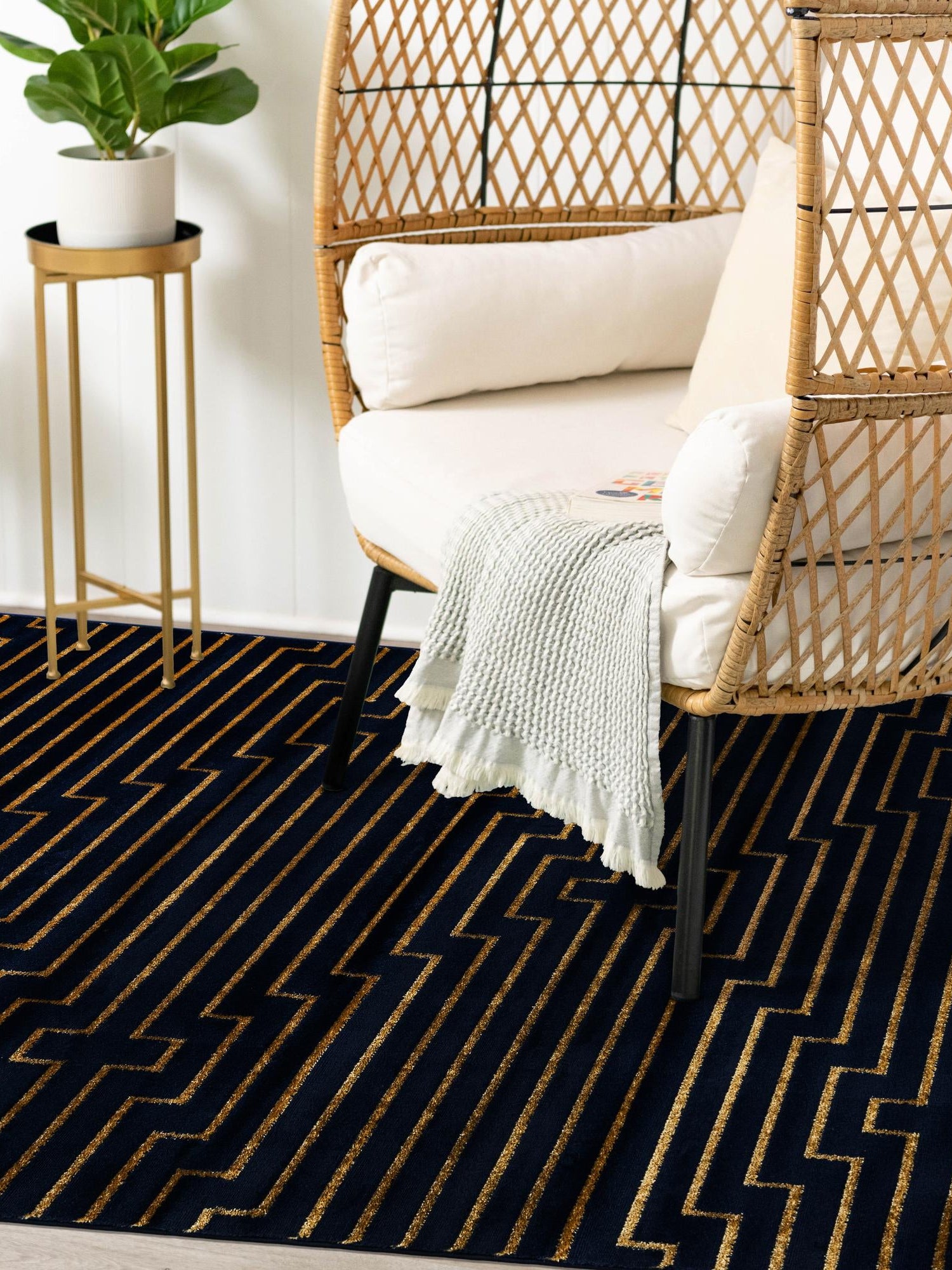 Navy Blue and Gold 5' 3 x 8' Vogue Geo Rectangle Area Rug Geometric Glam Style Shiny Accents Carpet Mat for Unique Interior Design & Home Decor for Sale at Rug Engine