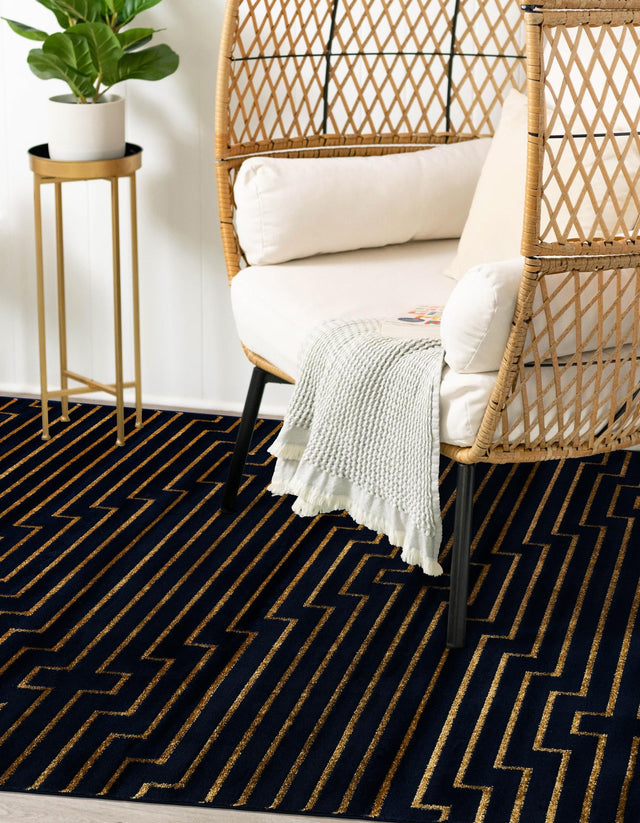 Navy Blue and Gold 5' 3 x 8' Vogue Geo Rectangle Area Rug Geometric Glam Style Shiny Accents Carpet Mat for Unique Interior Design & Home Decor for Sale at Rug Engine