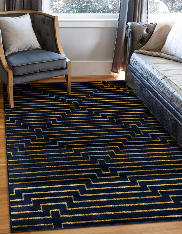 Navy Blue and Gold 5' 3 x 7' 1 Vogue Geo Rectangle Area Rug Geometric Glam Style Shiny Accents Carpet Mat for Unique Interior Design & Home Decor for Sale at Rug Engine