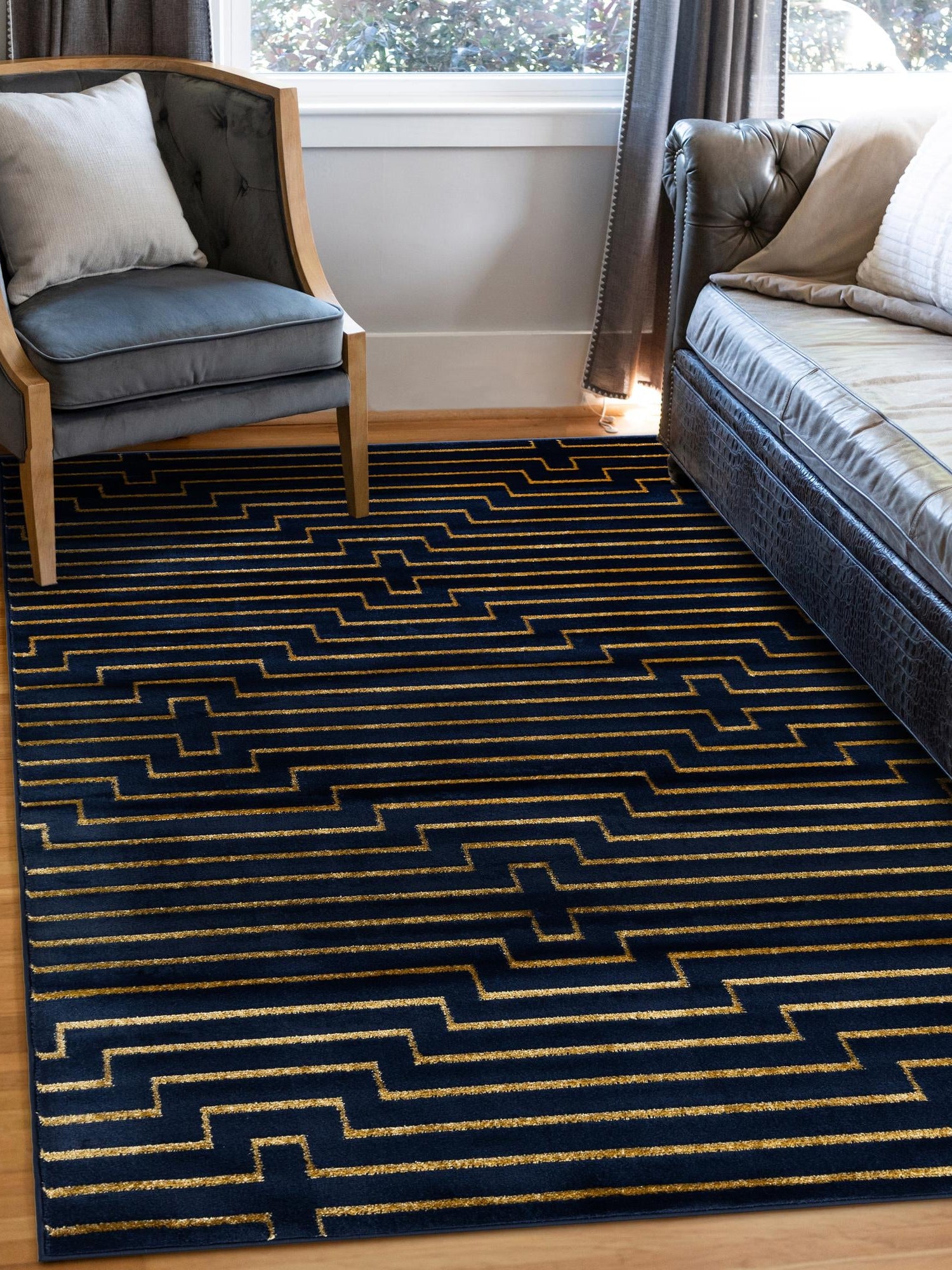 Navy Blue and Gold 10' x 13' 1 Vogue Geo Rectangle Area Rug Geometric Glam Style Shiny Accents Carpet Mat for Unique Interior Design & Home Decor for Sale at Rug Engine