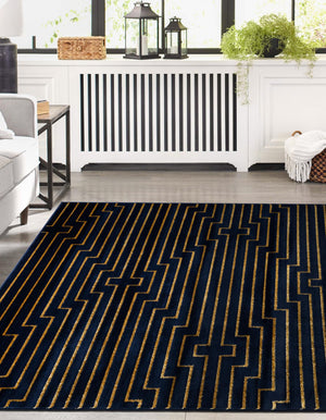 Navy Blue and Gold 9' x 12' Vogue Geo Rectangle Area Rug Geometric Glam Style Shiny Accents Carpet Mat for Unique Interior Design & Home Decor for Sale at Rug Engine