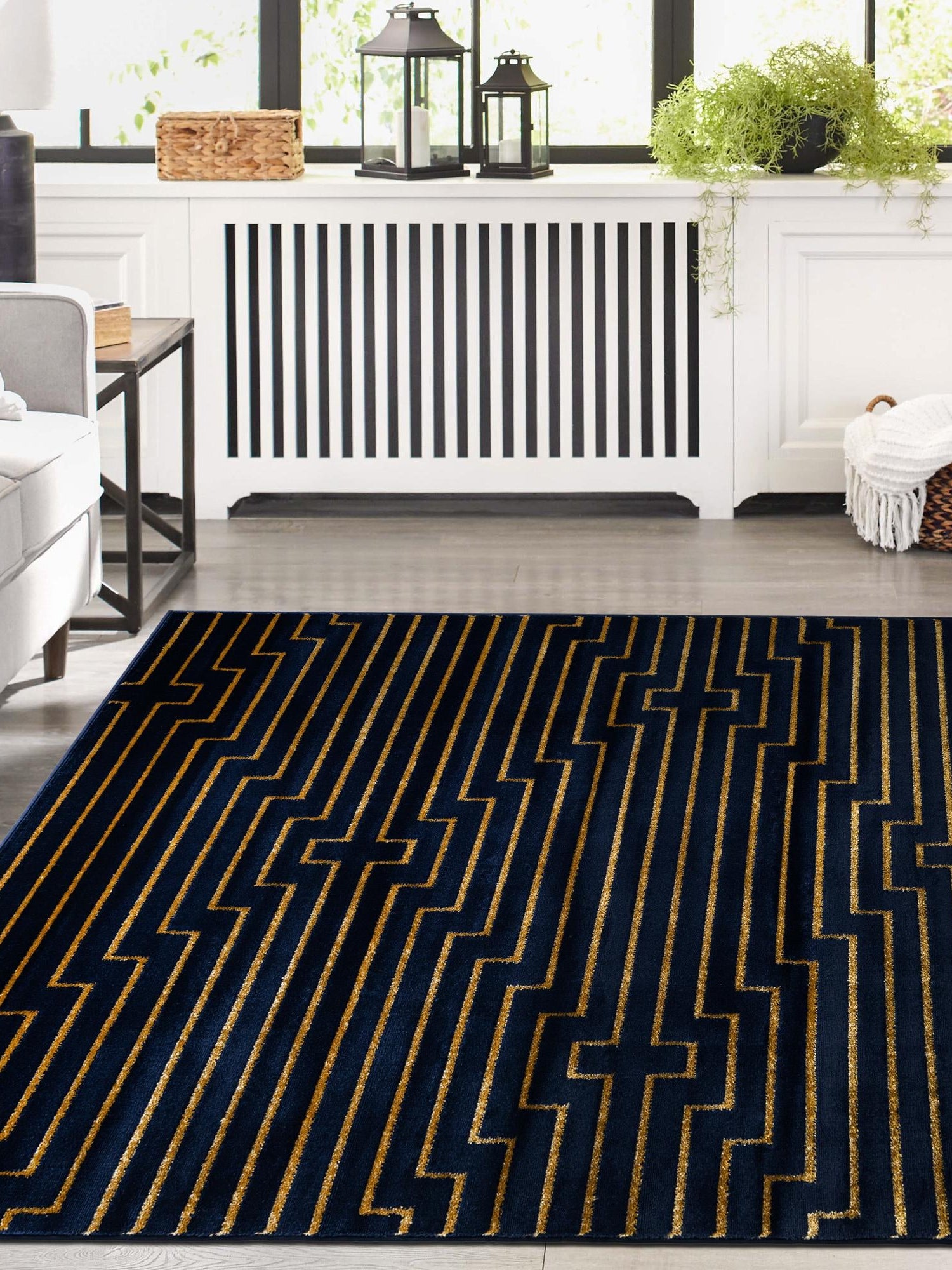 Navy Blue and Gold 4' 1 x 6' 1 Vogue Geo Rectangle Area Rug Geometric Glam Style Shiny Accents Carpet Mat for Unique Interior Design & Home Decor for Sale at Rug Engine