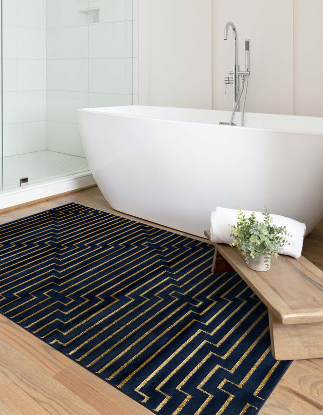 Navy Blue and Gold 10' x 13' 1 Vogue Geo Rectangle Area Rug Geometric Glam Style Shiny Accents Carpet Mat for Unique Interior Design & Home Decor for Sale at Rug Engine