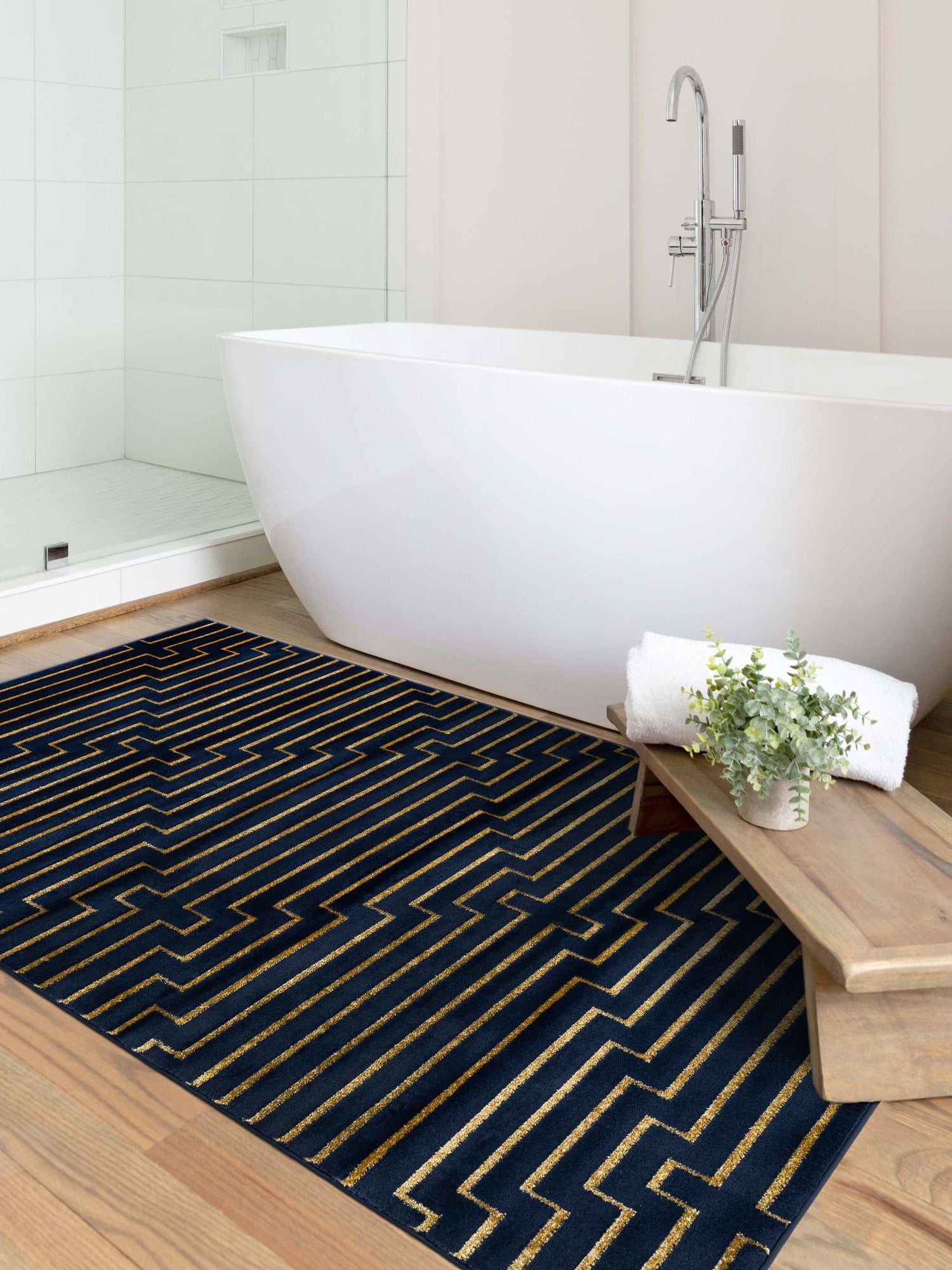 Navy Blue and Gold 5' 3 x 7' 1 Vogue Geo Rectangle Area Rug Geometric Glam Style Shiny Accents Carpet Mat for Unique Interior Design & Home Decor for Sale at Rug Engine