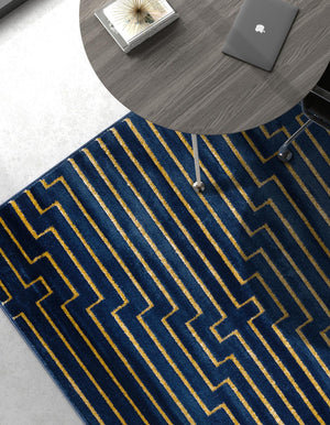 Navy Blue and Gold 10' x 13' 1 Vogue Geo Rectangle Area Rug Geometric Glam Style Shiny Accents Carpet Mat for Unique Interior Design & Home Decor for Sale at Rug Engine