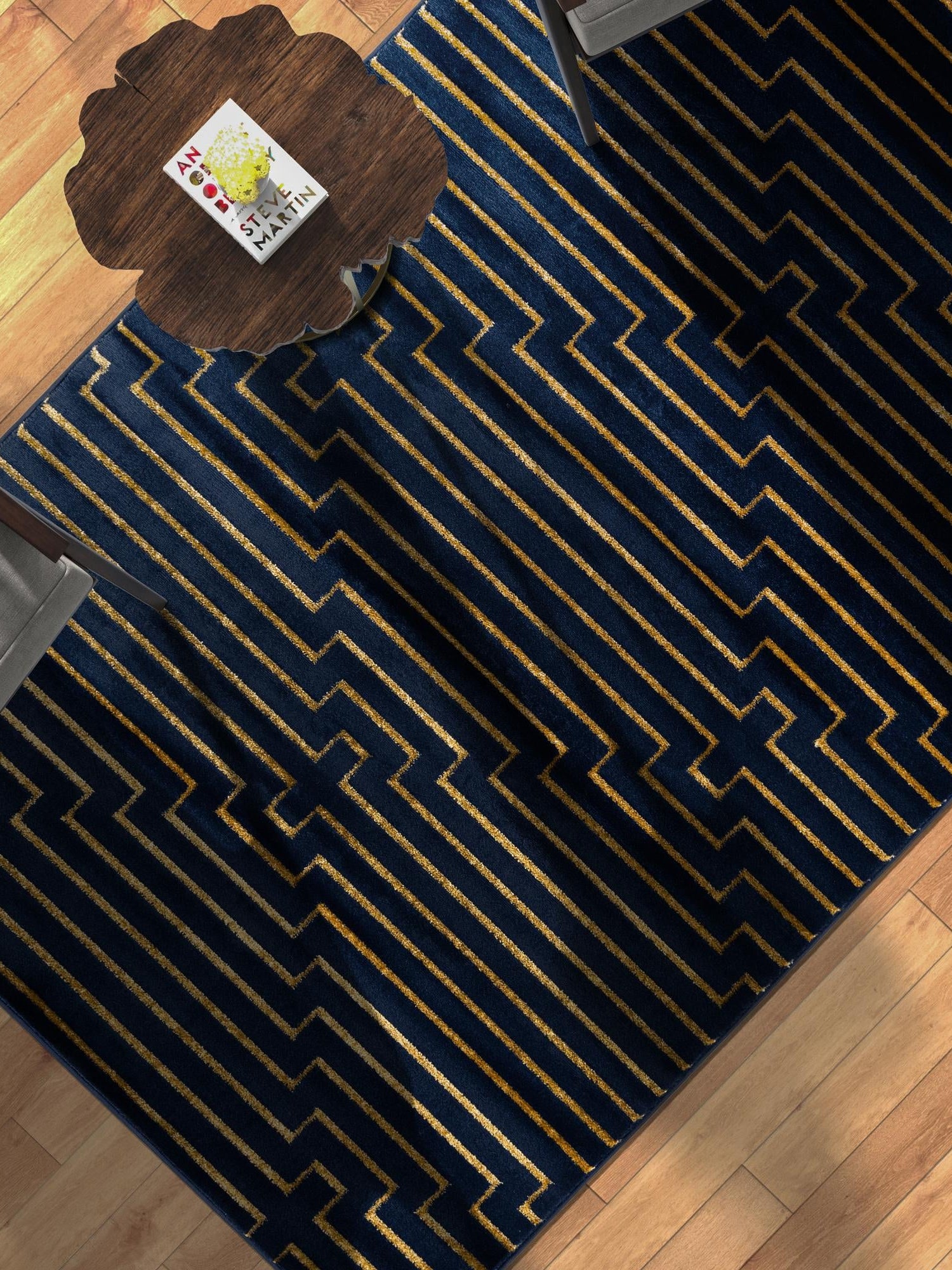 Navy Blue and Gold 5' 3 x 7' 1 Vogue Geo Rectangle Area Rug Geometric Glam Style Shiny Accents Carpet Mat for Unique Interior Design & Home Decor for Sale at Rug Engine