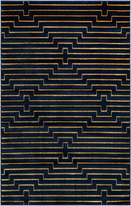 Navy Blue and Gold 5' 3 x 8' Vogue Geo Rectangle Area Rug Geometric Glam Style Shiny Accents Carpet Mat for Unique Interior Design & Home Decor for Sale at Rug Engine