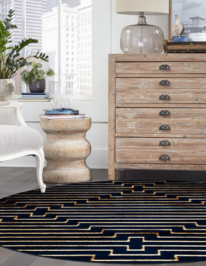 Navy Blue and Gold 7' 10 x 7' 10 Vogue Geo Round Area Rug Geometric Glam Style Shiny Accents Carpet Mat for Unique Interior Design & Home Decor for Sale at Rug Engine