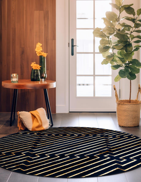Navy Blue and Gold 10' x 10' Vogue Geo Round Area Rug Geometric Glam Style Shiny Accents Carpet Mat for Unique Interior Design & Home Decor for Sale at Rug Engine